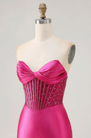 Load image into Gallery viewer, Sparkly Fuchsia Tight Corset Strapless Short Satin Prom Dress