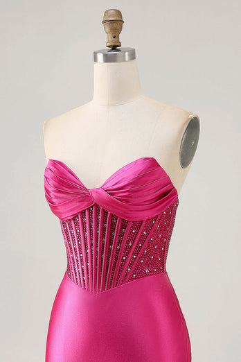 Sparkly Fuchsia Tight Corset Strapless Short Satin Prom Dress