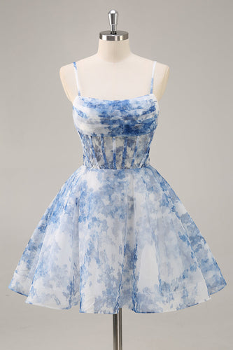 White and Blue Corset Floral Ruched Short Prom Dress