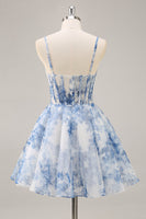 Load image into Gallery viewer, White and Blue Corset Floral Ruched Short Prom Dress