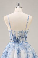 Load image into Gallery viewer, White and Blue Corset Floral Ruched Short Prom Dress