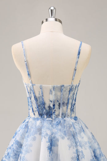 White and Blue Corset Floral Ruched Short Prom Dress