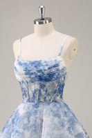 Load image into Gallery viewer, White and Blue Corset Floral Ruched Short Prom Dress