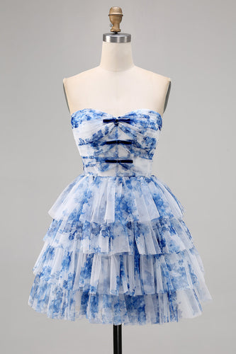 White and Blue Floral Sweetheart Ruffled Short Prom Dress with Bows