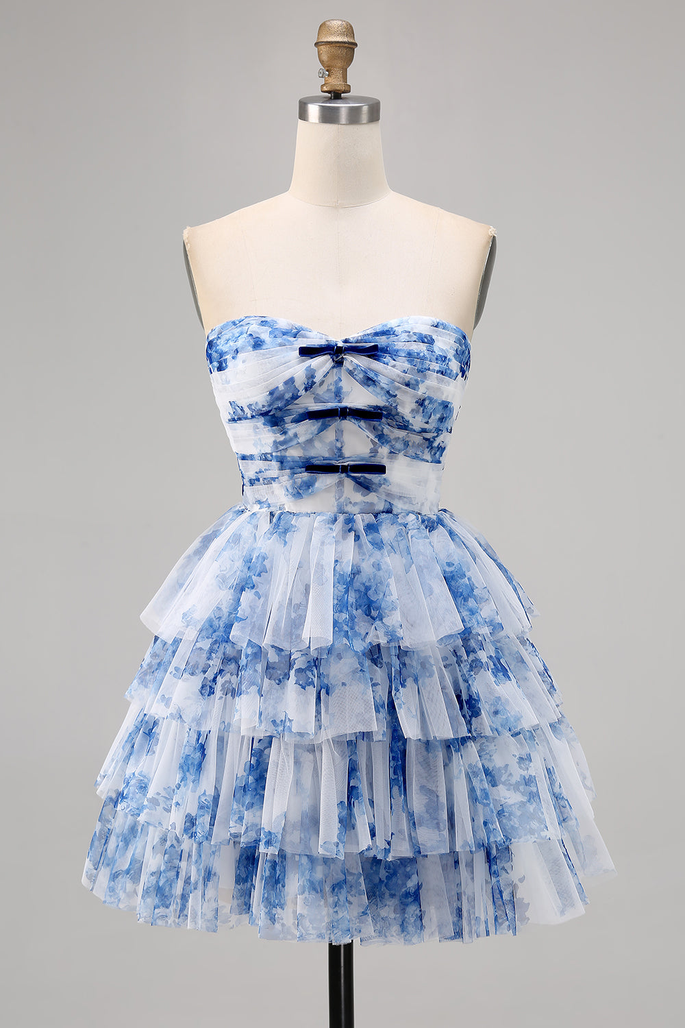 White and Blue Floral Sweetheart Ruffled Short Prom Dress with Bows