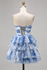 Load image into Gallery viewer, White and Blue Floral Sweetheart Ruffled Short Prom Dress with Bows