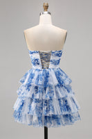 Load image into Gallery viewer, White and Blue Floral Sweetheart Ruffled Short Prom Dress with Bows
