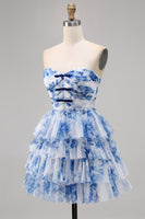 Load image into Gallery viewer, White and Blue Floral Sweetheart Ruffled Short Prom Dress with Bows