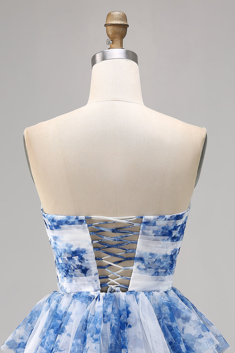 Load image into Gallery viewer, White and Blue Floral Sweetheart Ruffled Short Prom Dress with Bows