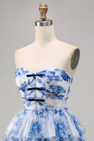 Load image into Gallery viewer, White and Blue Floral Sweetheart Ruffled Short Prom Dress with Bows