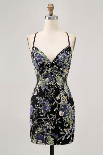 Sparkly Black Tight Floral Short Prom Dress with Beading