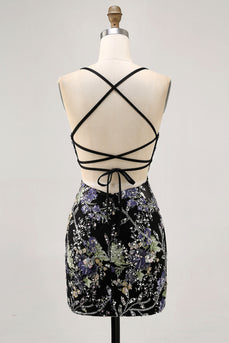 Sparkly Black Tight Floral Short Prom Dress with Beading