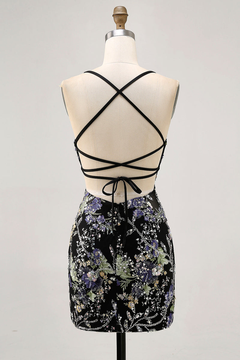 Load image into Gallery viewer, Sparkly Black Tight Floral Short Prom Dress with Beading