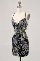 Load image into Gallery viewer, Sparkly Black Tight Floral Short Prom Dress with Beading