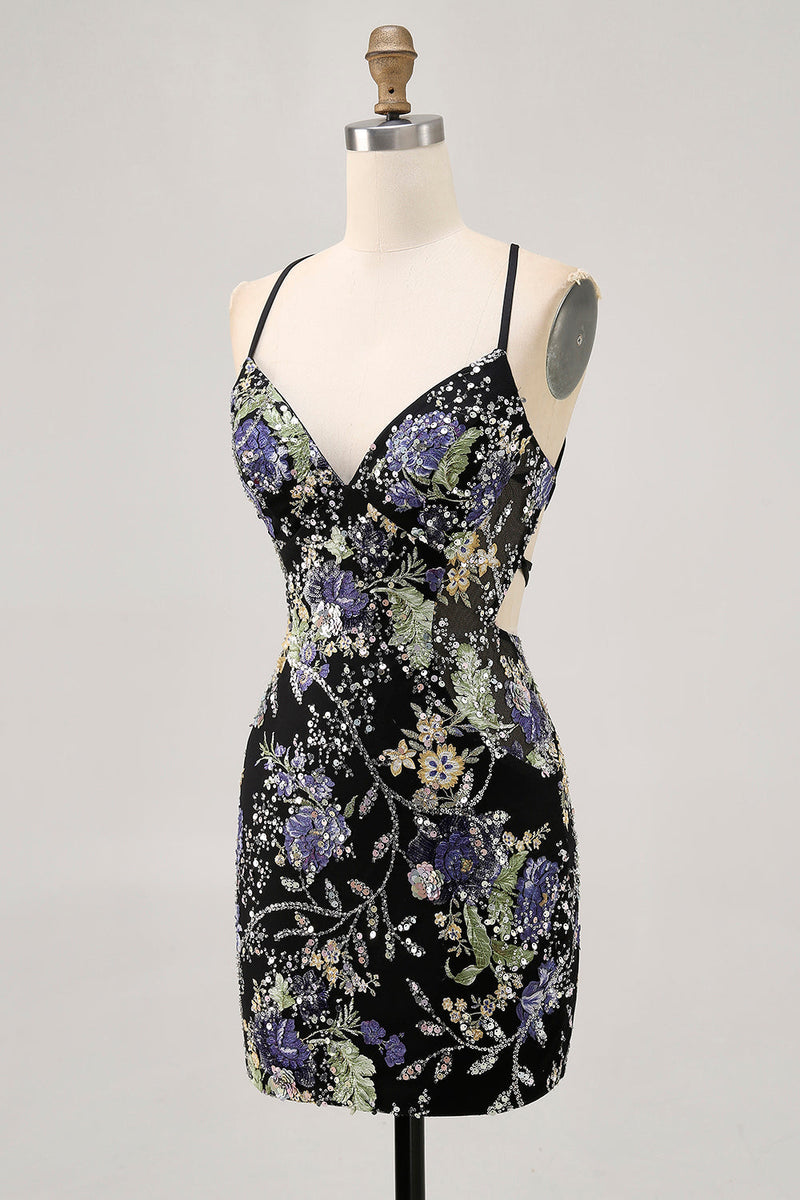 Load image into Gallery viewer, Sparkly Black Tight Floral Short Prom Dress with Beading