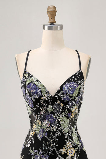 Sparkly Black Tight Floral Short Prom Dress with Beading