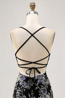 Load image into Gallery viewer, Sparkly Black Tight Floral Short Prom Dress with Beading
