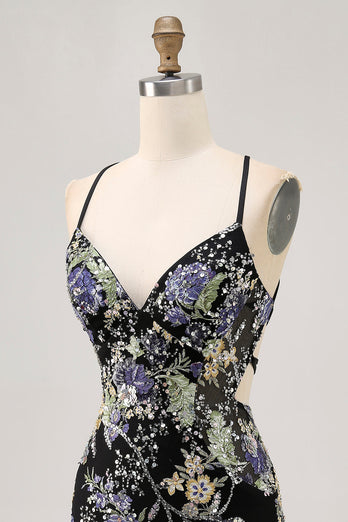 Sparkly Black Tight Floral Short Prom Dress with Beading