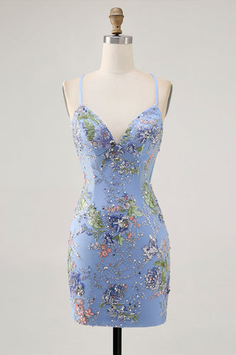 Sparkly Blue Floral Tight Beaded Short Prom Dress with Sequins