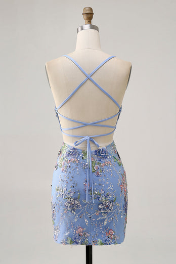 Sparkly Lilac Tight Beaded Floral Short Prom Dress with Sequins
