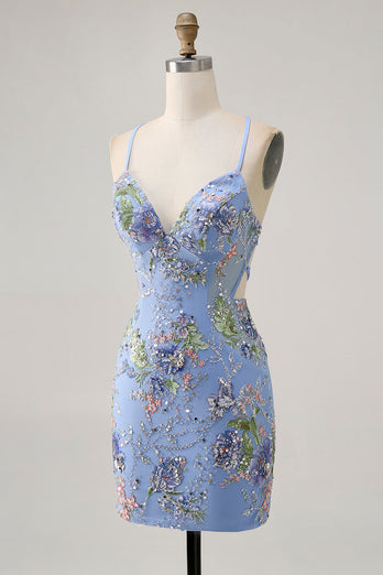 Sparkly Blue Floral Tight Beaded Short Prom Dress with Sequins