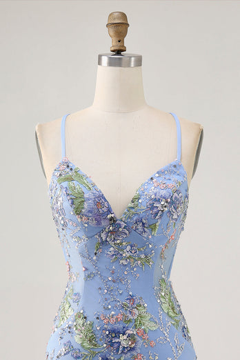 Sparkly Lilac Tight Beaded Floral Short Prom Dress with Sequins