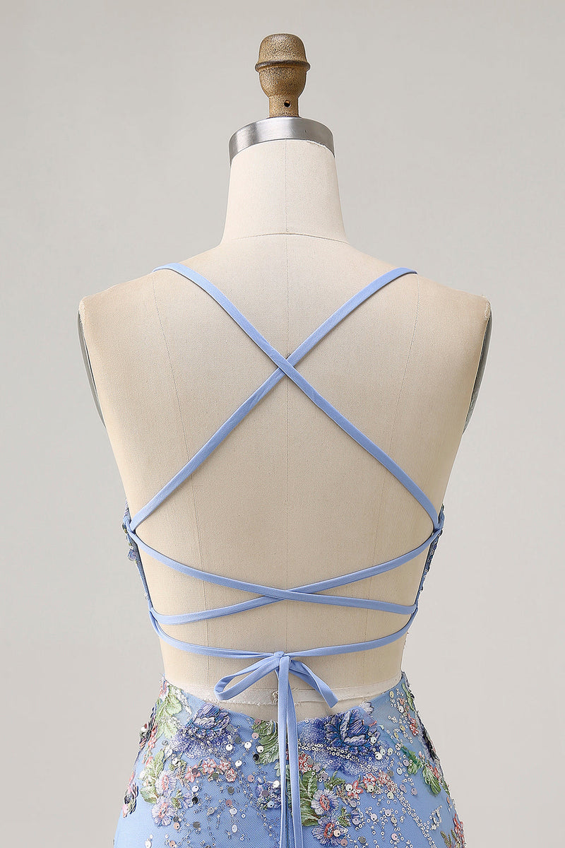 Load image into Gallery viewer, Sparkly Blue Floral Tight Beaded Short Prom Dress with Sequins