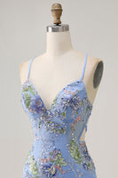 Load image into Gallery viewer, Sparkly Blue Floral Tight Beaded Short Prom Dress with Sequins