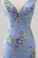 Load image into Gallery viewer, Sparkly Blue Floral Tight Beaded Short Prom Dress with Sequins