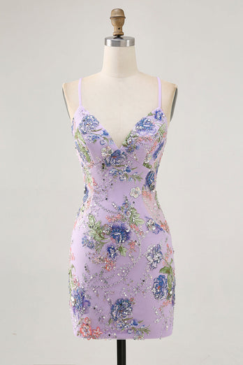 Sparkly Lilac Tight Beaded Floral Short Prom Dress with Sequins
