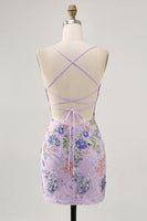 Load image into Gallery viewer, Sparkly Lilac Tight Beaded Floral Short Prom Dress with Sequins