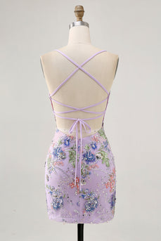 Sparkly Lilac Tight Beaded Floral Short Prom Dress with Sequins