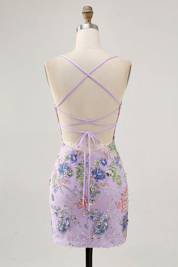 Sparkly Lilac Tight Beaded Floral Short Prom Dress with Sequins