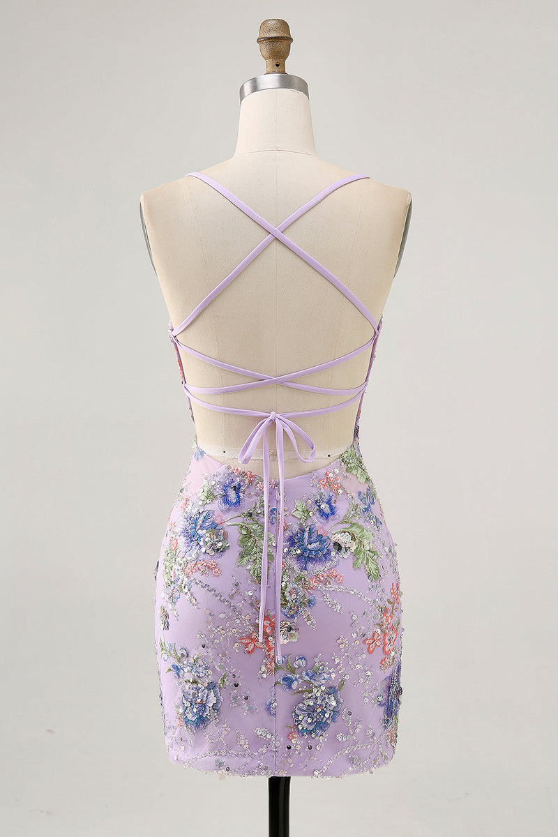 Load image into Gallery viewer, Sparkly Lilac Tight Beaded Floral Short Prom Dress with Sequins