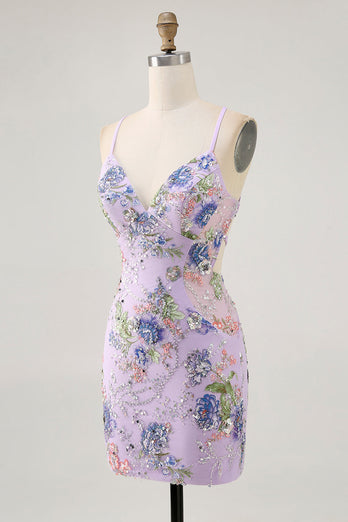 Sparkly Lilac Tight Beaded Floral Short Prom Dress with Sequins