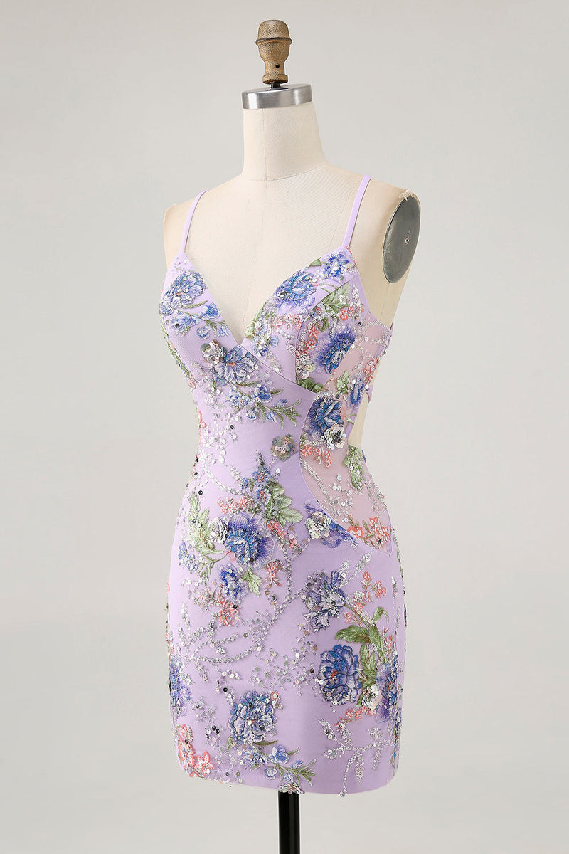 Load image into Gallery viewer, Sparkly Lilac Tight Beaded Floral Short Prom Dress with Sequins