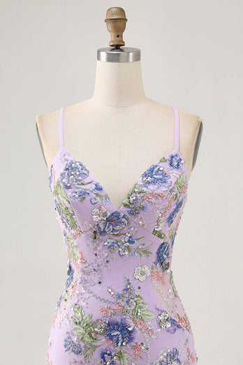 Sparkly Blue Floral Tight Beaded Short Prom Dress with Sequins