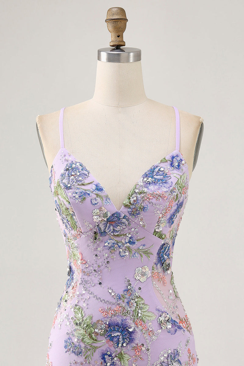 Load image into Gallery viewer, Sparkly Lilac Tight Beaded Floral Short Prom Dress with Sequins