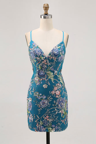 Sparkly Peacock Tight Floral Beaded Short Prom Dress with Sequin
