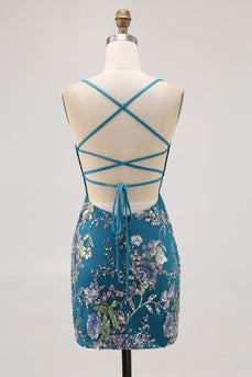 Sparkly Peacock Tight Floral Beaded Short Prom Dress with Sequin