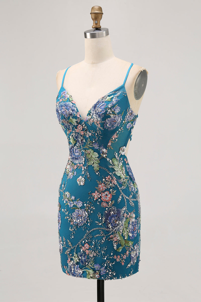 Load image into Gallery viewer, Sparkly Peacock Tight Floral Beaded Short Prom Dress with Sequin