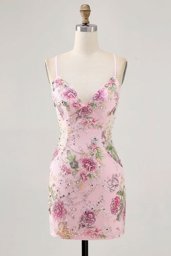 Sparkly Pink Beaded Floral Short Tight Prom Dress with Sequins