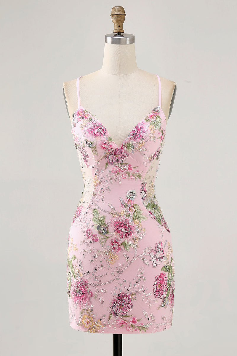 Load image into Gallery viewer, Sparkly Pink Beaded Floral Short Tight Prom Dress with Sequins