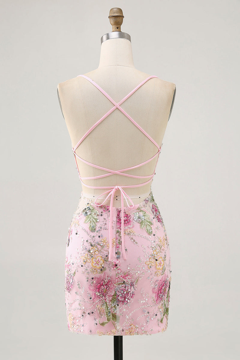 Load image into Gallery viewer, Sparkly Lilac Tight Beaded Floral Short Prom Dress with Sequins