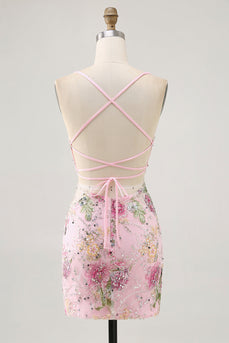 Sparkly Pink Beaded Floral Short Tight Prom Dress with Sequins