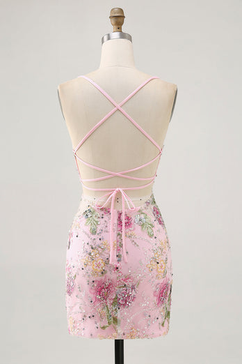 Sparkly Pink Beaded Floral Short Tight Prom Dress with Sequins
