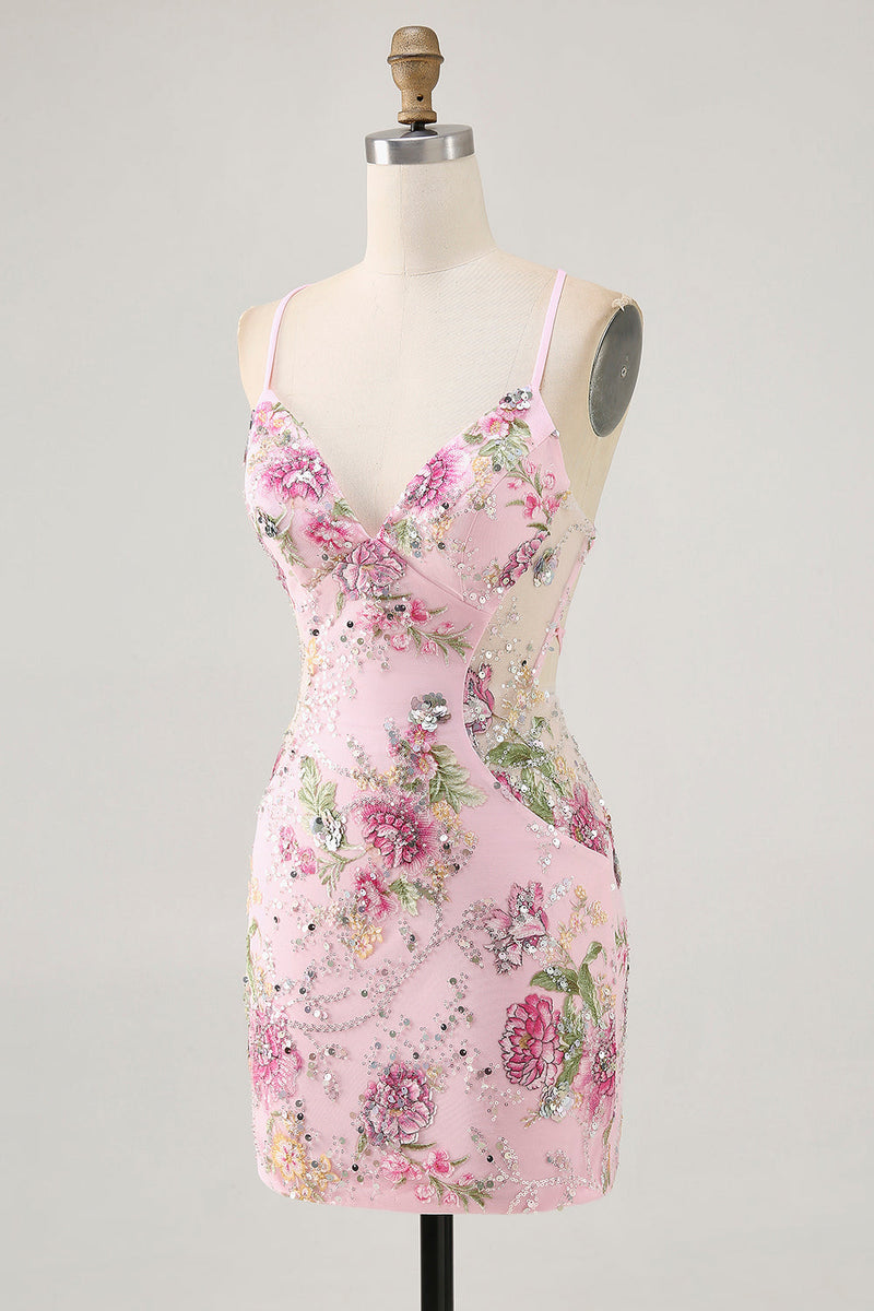 Load image into Gallery viewer, Sparkly Lilac Tight Beaded Floral Short Prom Dress with Sequins