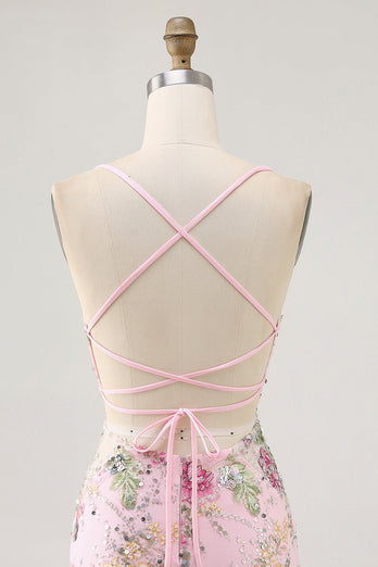 Sparkly Lilac Tight Beaded Floral Short Prom Dress with Sequins