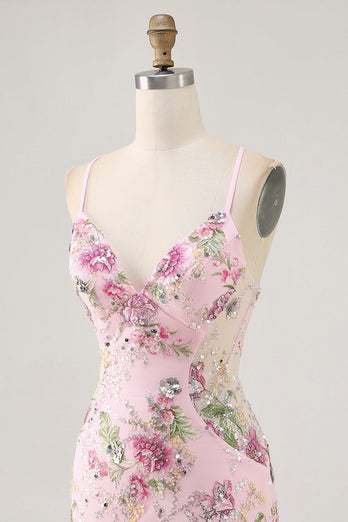 Sparkly Lilac Tight Beaded Floral Short Prom Dress with Sequins