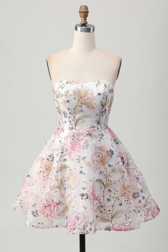 Sparkly Pink Floral A Line Short Prom Dress